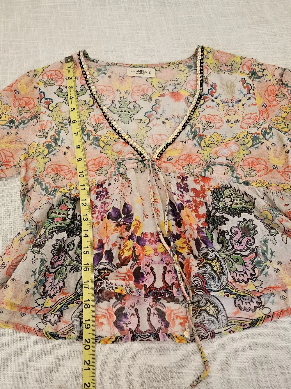 Natural Life Boho Floral Paisley Peplum Blouse S Cotton V-Neck Sequin Trim Bell - Picture 12 of 15